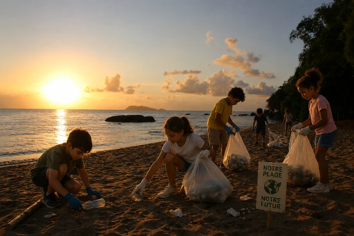 Ramassage d'ordure caravane verte plage en Guyane